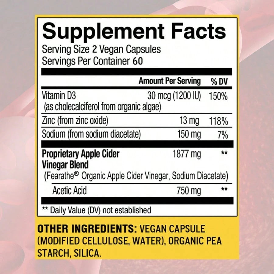 Apple Cider Vinegar Capsules – 1877mg ACV with 750mg Acetic Acid – Weight Management, Detox & Immune Support – 120 Easy-to-Swallow Capsules