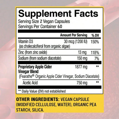 Apple Cider Vinegar Capsules – 1877mg ACV with 750mg Acetic Acid – Weight Management, Detox & Immune Support – 120 Easy-to-Swallow Capsules