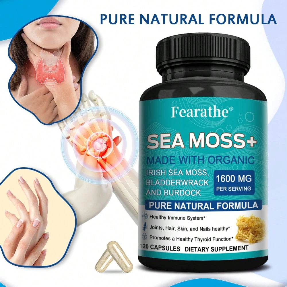 Irish Sea Moss Capsules with Fucus & Burdock – 120 Count – Thyroid Support, Joint Health & Hair, Skin & Nails Supplement