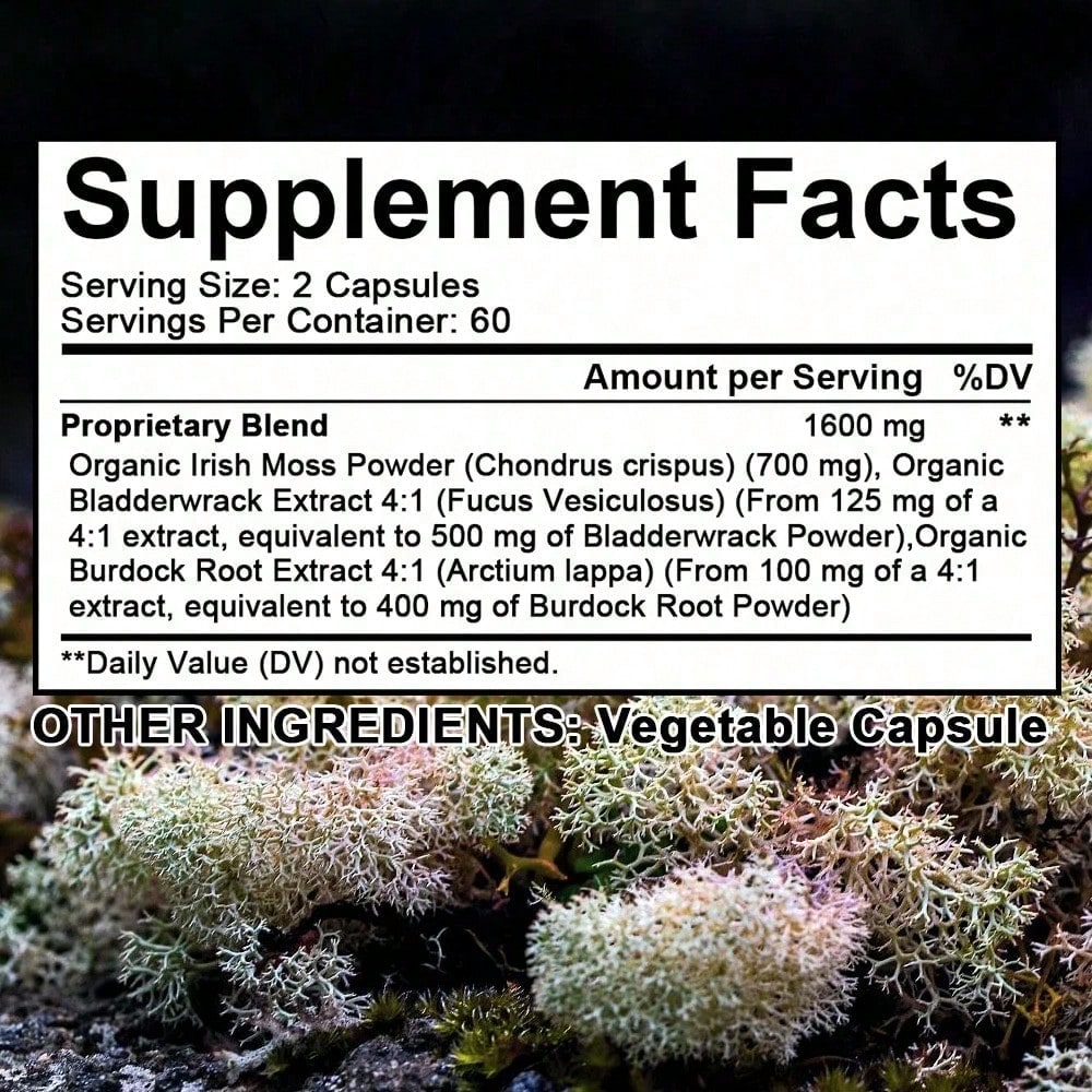 Irish Sea Moss Capsules with Fucus & Burdock – 120 Count – Thyroid Support, Joint Health & Hair, Skin & Nails Supplement