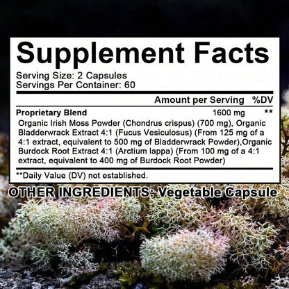 Irish Sea Moss Capsules with Fucus & Burdock – 120 Count – Thyroid Support, Joint Health & Hair, Skin & Nails Supplement