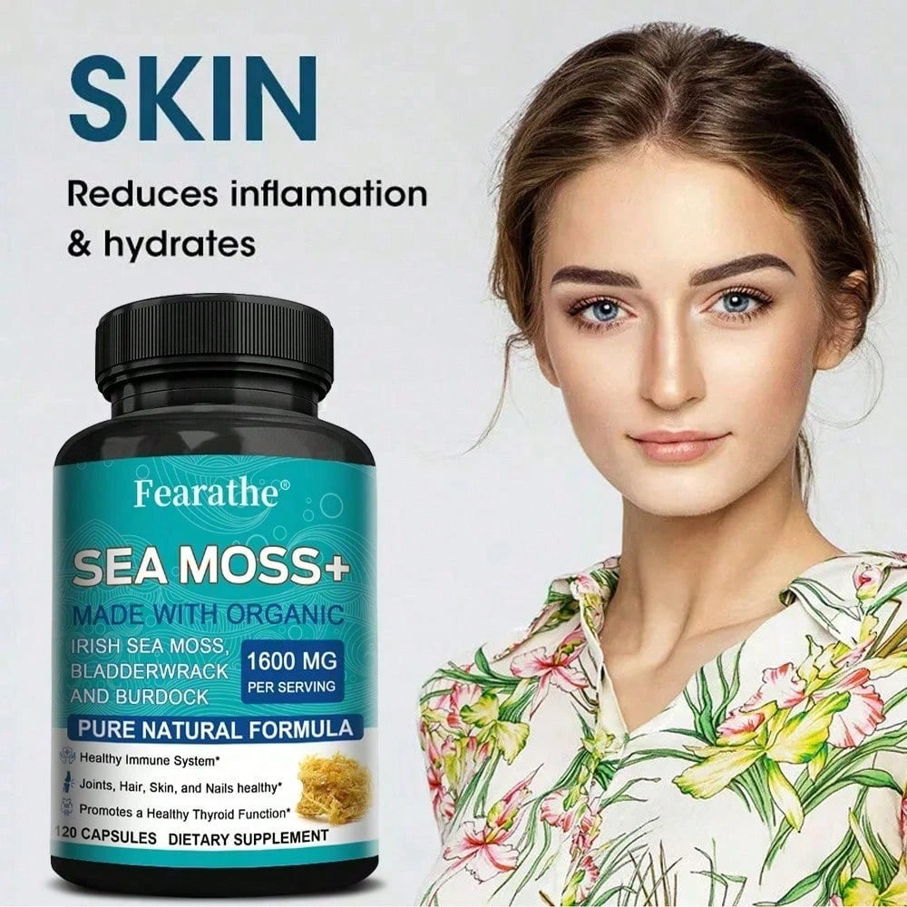 Irish Sea Moss Capsules with Fucus & Burdock – 120 Count – Thyroid Support, Joint Health & Hair, Skin & Nails Supplement