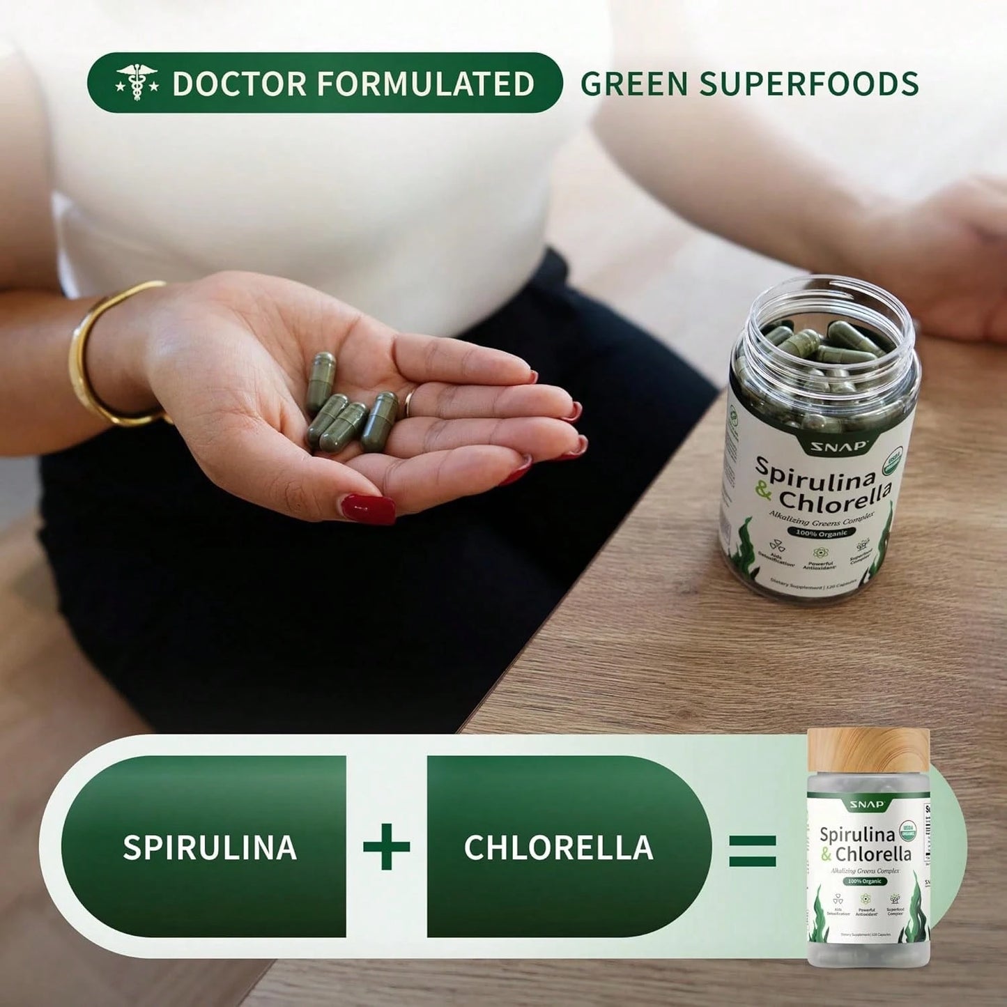 Spirulina & Chlorella Capsules with Wheatgrass & Alfalfa | Plant-Based Super Greens Supplement | 120 Capsules