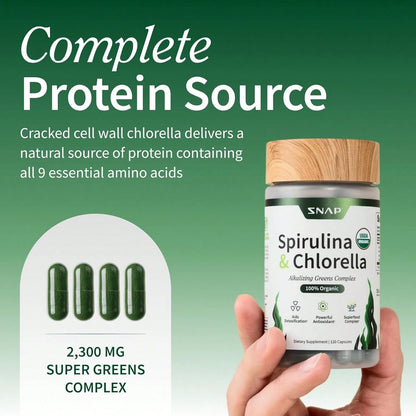 Spirulina & Chlorella Capsules with Wheatgrass & Alfalfa | Plant-Based Super Greens Supplement | 120 Capsules